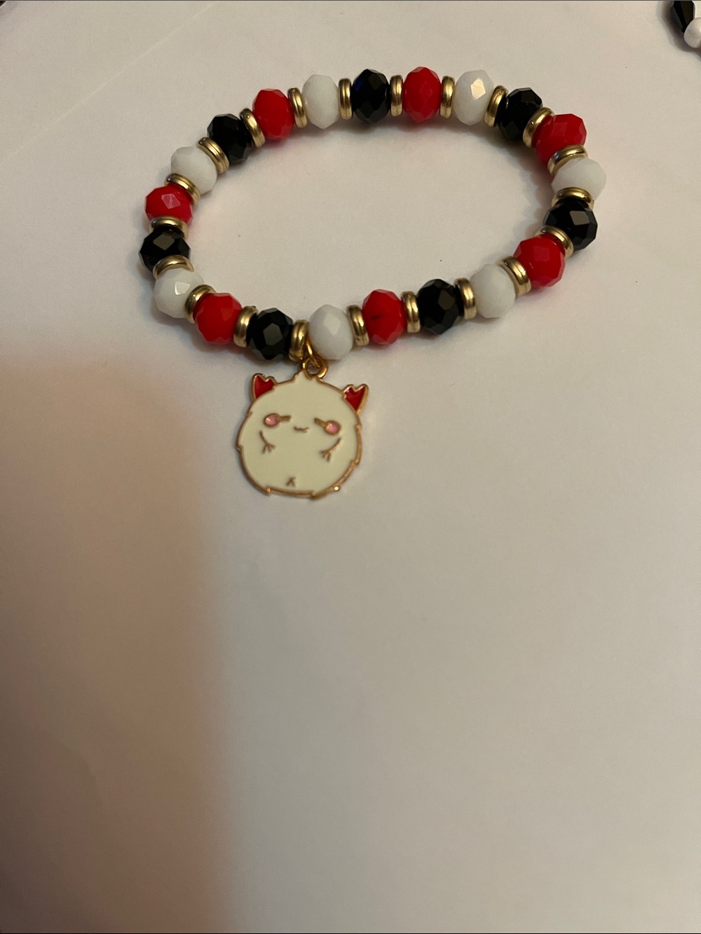Red, Black & White Beaded Charm Bracelet with Cute Enamel Pendant